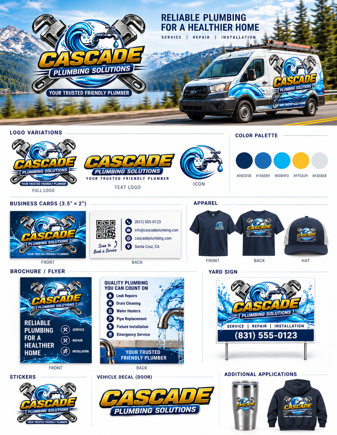 Cascade Plumbing Solutions brand applications — logo variations, business cards, apparel, brochure, yard sign, stickers and vehicle decal
